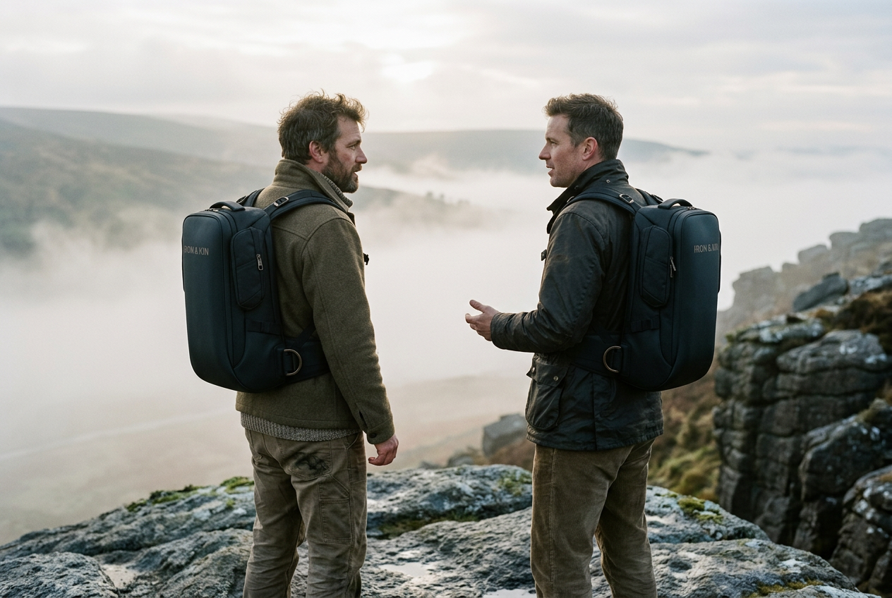 Two men crossing a misty ridgeline at dawn, MK.01 packs on their backs